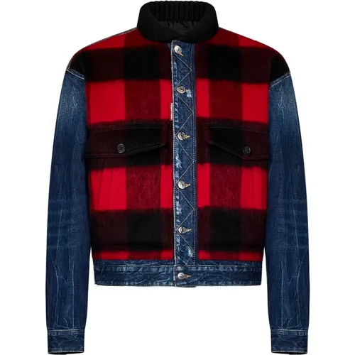 Blaue Denim Worker Jacke mit Tartan-Einsatz - Dsquared2 - Modalova