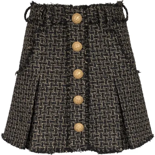 Lurex tweed pleated skirt,Schwarzer und Goldener Tweed Plissee Minirock - Balmain - Modalova