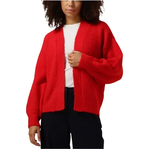 Roter Puffärmel-Cardigan Gemütlicher Strick , Damen, Größe: M - Summum Woman - Modalova