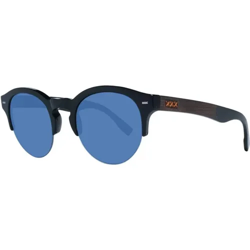 Schwarze runde Sonnenbrille mit blauen Gläsern - Ermenegildo Zegna - Modalova
