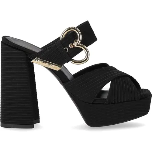 Schwarze Stoff-Sandalen mit gekreuzten Riemen und herzförmiger Schnalle , Damen, Größe: 38 EU - Love Moschino - Modalova
