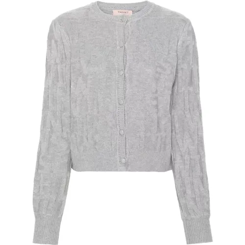 Grauer Cardigan mit Monogrammdetail , Damen, Größe: L - Twinset - Modalova