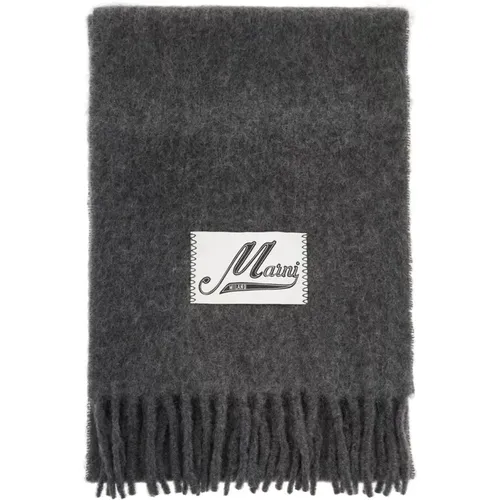 Alpaca Fringed Scarf with Logo Label , unisex, Sizes: ONE SIZE - Marni - Modalova