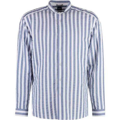 Striped Cotton Shirt with Side Slits , male, Sizes: 3XL, 2XL, S, M, L, XS, XL - Hugo Boss - Modalova