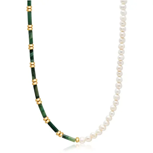 Beaded Necklace with Freshwater Pearls and Green Jade - Nialaya - Modalova