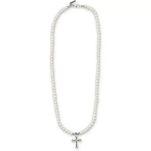 Stunning Pearl Necklace with Cross Pendant , male, Sizes: ONE SIZE - Emanuele Bicocchi - Modalova