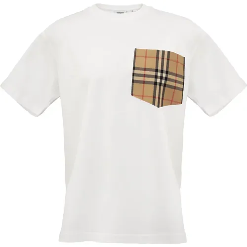 Weißes T-Shirt mit ikonischem Karomuster , Herren, Größe: S - Burberry - Modalova