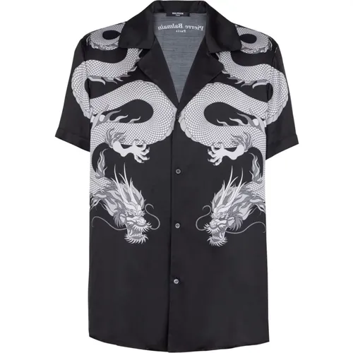 Short-sleeved satin shirt with Dragon print , male, Sizes: 2XL, M - Balmain - Modalova