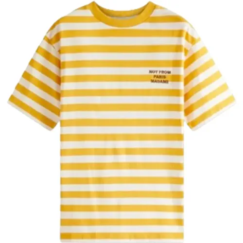 Striped Slogan T-Shirt in Ochre , male, Sizes: L, XL, S, M - Drole de Monsieur - Modalova