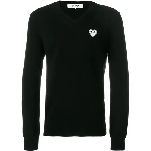 Schwarzer Woll V-Ausschnitt Pullover mit weißem Herz , Herren, Größe: M - Comme des Garçons Play - Modalova