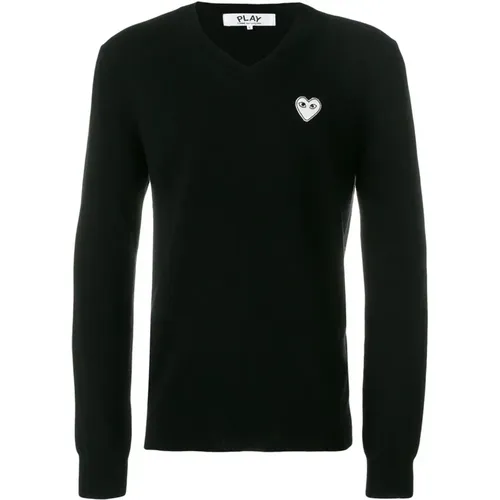 Schwarzer Woll V-Ausschnitt Pullover mit weißem Herz , Herren, Größe: XL - Comme des Garçons Play - Modalova