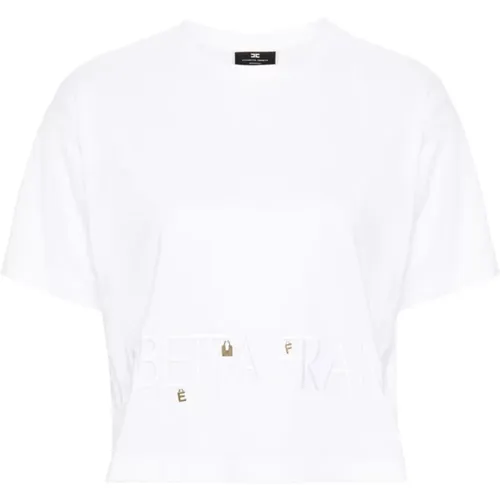 Weiße Cropped Jersey T-shirt mit Besticktem Logo - Elisabetta Franchi - Modalova