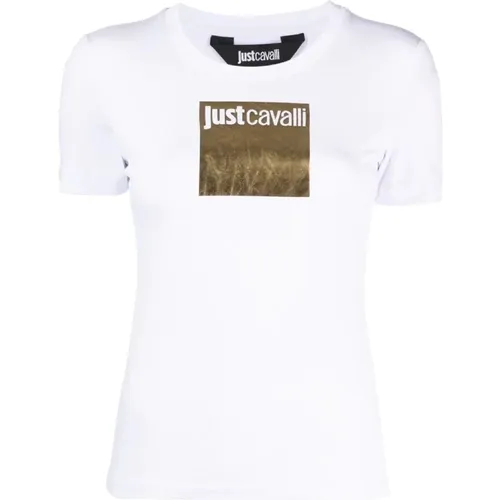 Weißes T-Shirt aus Baumwolljersey mit kurzem Arm, goldener Druck und Logo , Damen, Größe: L - Just Cavalli - Modalova