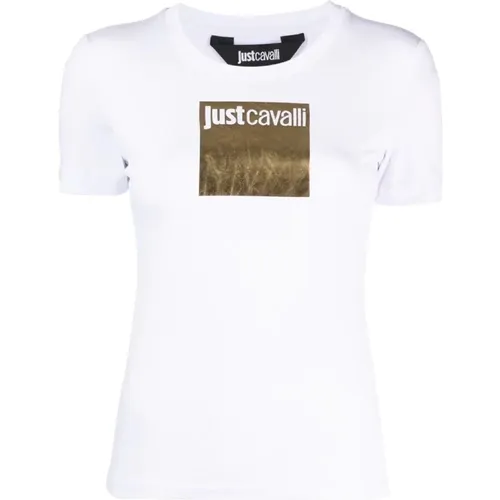 Weißes T-Shirt aus Baumwolljersey mit kurzem Arm, goldener Druck und Logo , Damen, Größe: M - Just Cavalli - Modalova