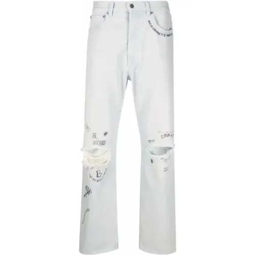 Distressed Text-Print Straight-Leg Jeans , male, Sizes: W30 - Golden Goose - Modalova