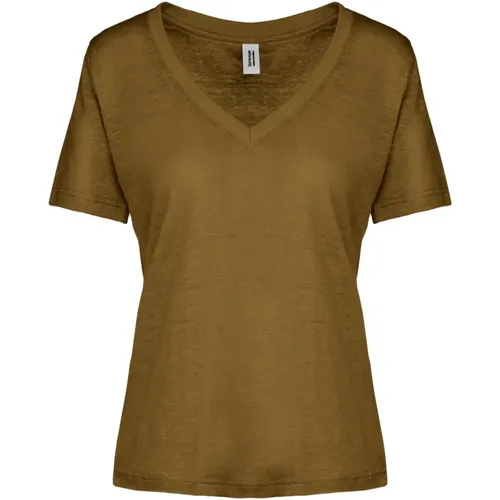 Linen Jersey V-Neck T-Shirt , female, Sizes: XS, S, M, L, XL, 2XL - BomBoogie - Modalova