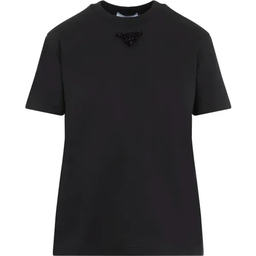 Elegantes Graues T-Shirt mit Glasverzierungen - Prada - Modalova