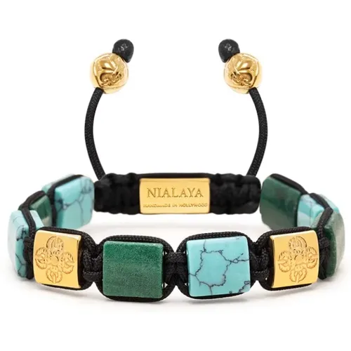 Womens Turquoise and Green Jade Flatbead Bracelet with Gold Plated Dorje , Damen, Größe: M - Nialaya - Modalova