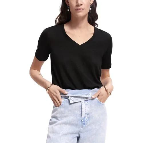 Vielseitiges V-Ausschnitt T-Shirt aus Schwarzem Leinen , Damen, Größe: XL - Scotch & Soda - Modalova