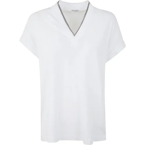 Weißes V-Ausschnitt T-Shirt , Damen, Größe: M - BRUNELLO CUCINELLI - Modalova