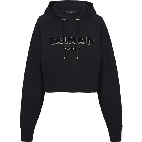 Kurzes Sweatshirt aus Baumwolle mit beflocktem Metallic-ogo , Damen, Größe: S - Balmain - Modalova