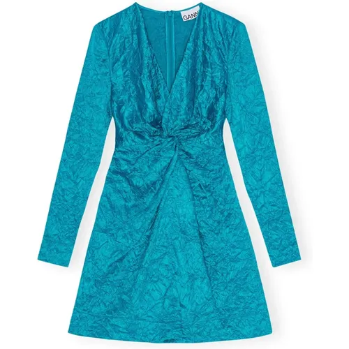 Blaues Geknittertes Satin Gerafftes Knoten Mini Kleid , Damen, Größe: S - Ganni - Modalova