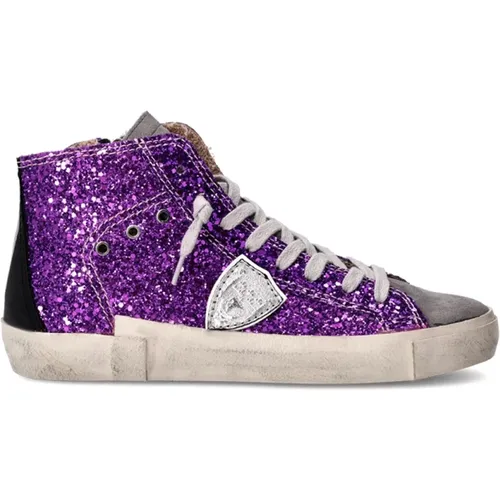 Blaue Glitzer High-Top Sneakers , Damen, Größe: 37 EU - Philippe Model - Modalova