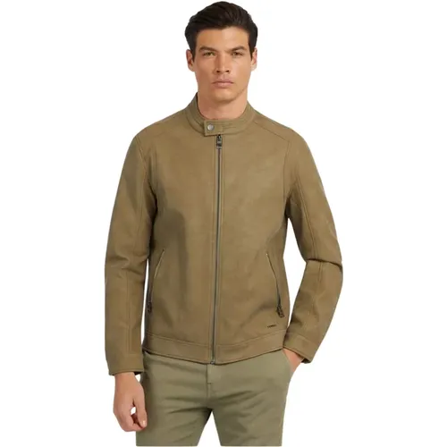 Synthetische Wildlederjacke - Grün, Slim Fit , Herren, Größe: S - Guess - Modalova