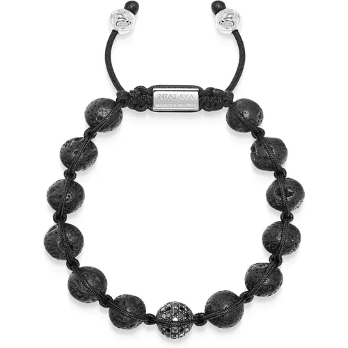 Men's Black Diamond Beaded Bracelet with Lavastone and Sterling Silver , Herren, Größe: M - Nialaya - Modalova