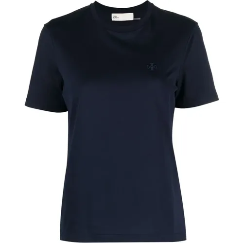 Blaues T-Shirt mit Besticktem Logo aus Baumwolle , Damen, Größe: XS - TORY BURCH - Modalova