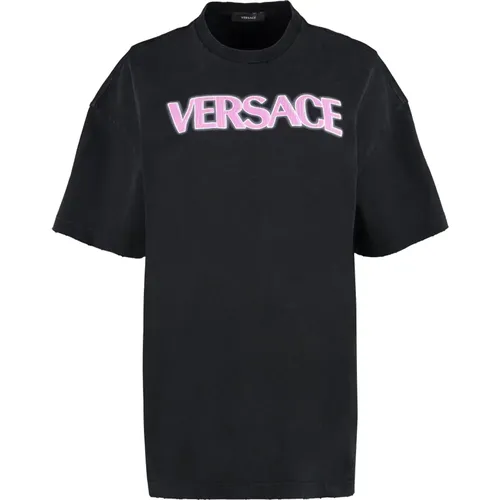 Kontrastierendes Logo Baumwoll T-Shirt , Damen, Größe: XS - Versace - Modalova