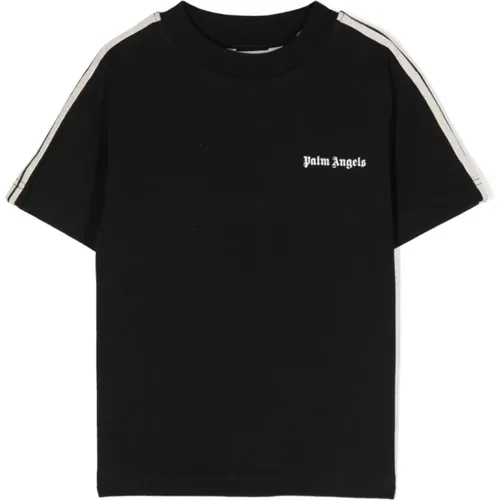Gestreiftes Schwarzes T-Shirt mit Weißem Logo - Palm Angels - Modalova