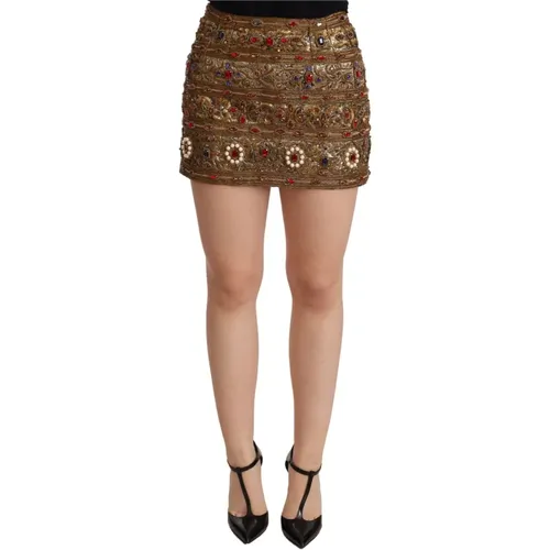 Gorgeous Gold Embellished High Waist Mini Skirt , female, Sizes: 2XS - Dolce & Gabbana - Modalova