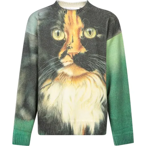 Green Cat Print Knit Sweater , male, Sizes: M, S - JW Anderson - Modalova