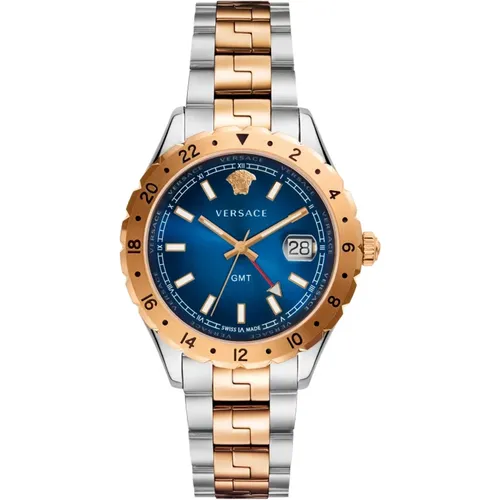 GMT Herrenuhr Gold Silver Blue Dial , male, Sizes: ONE SIZE - Versace - Modalova