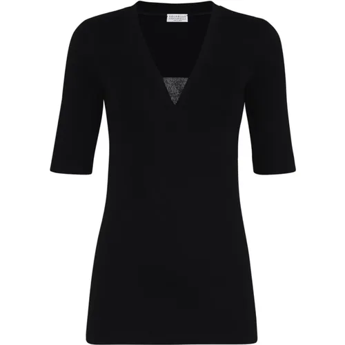 Schwarzes V-Ausschnitt T-Shirt und Polo , Damen, Größe: S - BRUNELLO CUCINELLI - Modalova