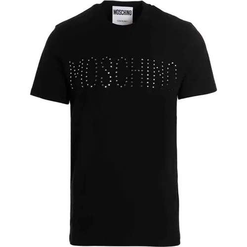 Kurzarm T-Shirt mit Strass-Logo - Moschino - Modalova