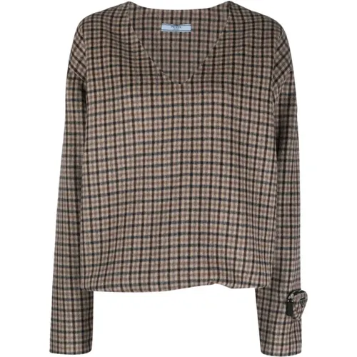 Angora and Tartan Sweater with Triangle Pocket , female, Sizes: XS - Prada - Modalova