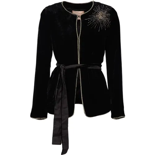 Velvet Jacket with Bead and Rhinestone Embroidery , female, Sizes: XL, XS, S - Twinset - Modalova