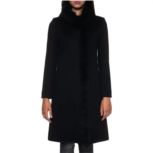 Fur-trimmed wool coat with hidden closure , female, Sizes: 2XL - Cinzia Rocca - Modalova