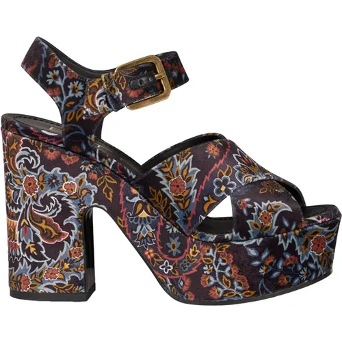 Black Velvet Platform Sandals with Floral Print , female, Sizes: 8 UK, 6 UK, 7 UK - ETRO - Modalova