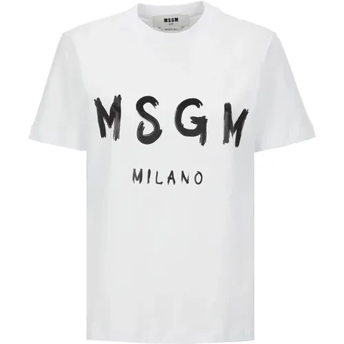 Weißes Baumwoll-T-Shirt mit Kontrastdruck,Logo-Print Weißes Baumwoll-T-Shirt - Msgm - Modalova