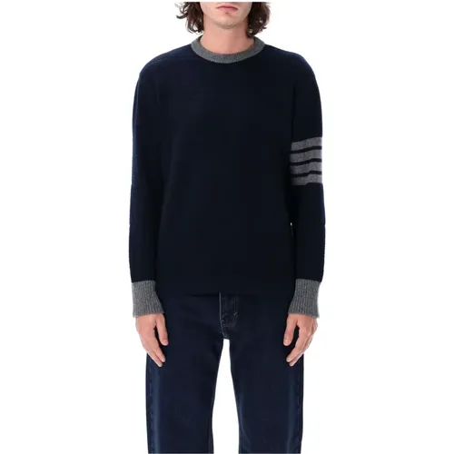 Navy Textured Rugby Stripe Crew Neck Sweater , male, Sizes: L, M, S - Thom Browne - Modalova