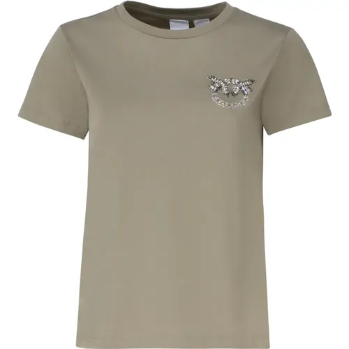 Grünes Baumwoll-T-Shirt mit Love Birds Stickerei , Damen, Größe: XL - pinko - Modalova