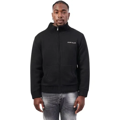 Schwarzer Pullover Fullzip Besticktes Logo , Herren, Größe: S - Guess - Modalova