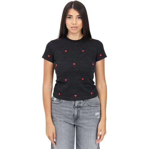 Schwarzes Herzbesticktes T-Shirt - Moschino - Modalova