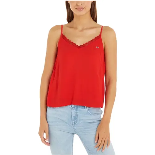 Rotes Spitzenkragen Tank Top , Damen, Größe: S - Tommy Jeans - Modalova