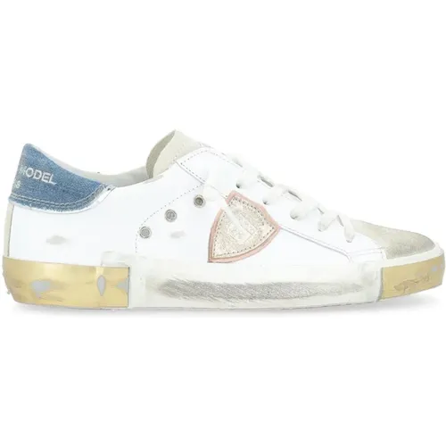 Paris X White Leather Sneaker with Denim Details , female, Sizes: 7 UK - Philippe Model - Modalova