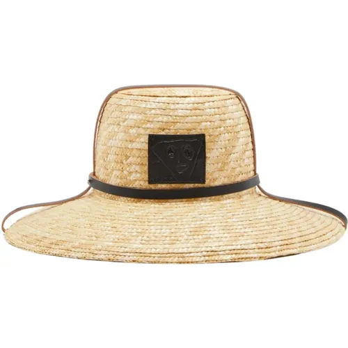 Straw Hat with Italian Leather Detailing , female, Sizes: XS/S, M/L - Plan C - Modalova