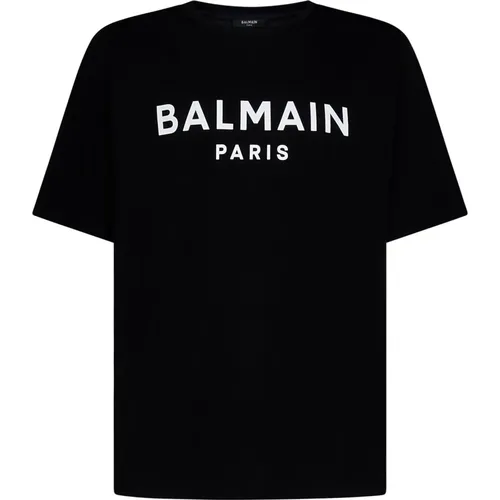 Ribbed T-shirts and Polos with Contrasting Logo Print , male, Sizes: M, L - Balmain - Modalova